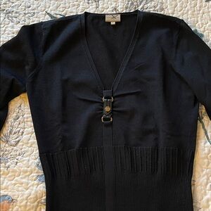 Karen Millen Black V-Neck Knit Sweater with Front Buckle
